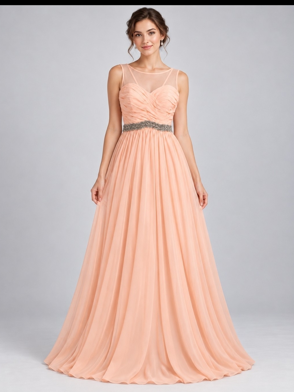 David's Bridal Peach Chiffon A-Line Gown with Beaded Waist